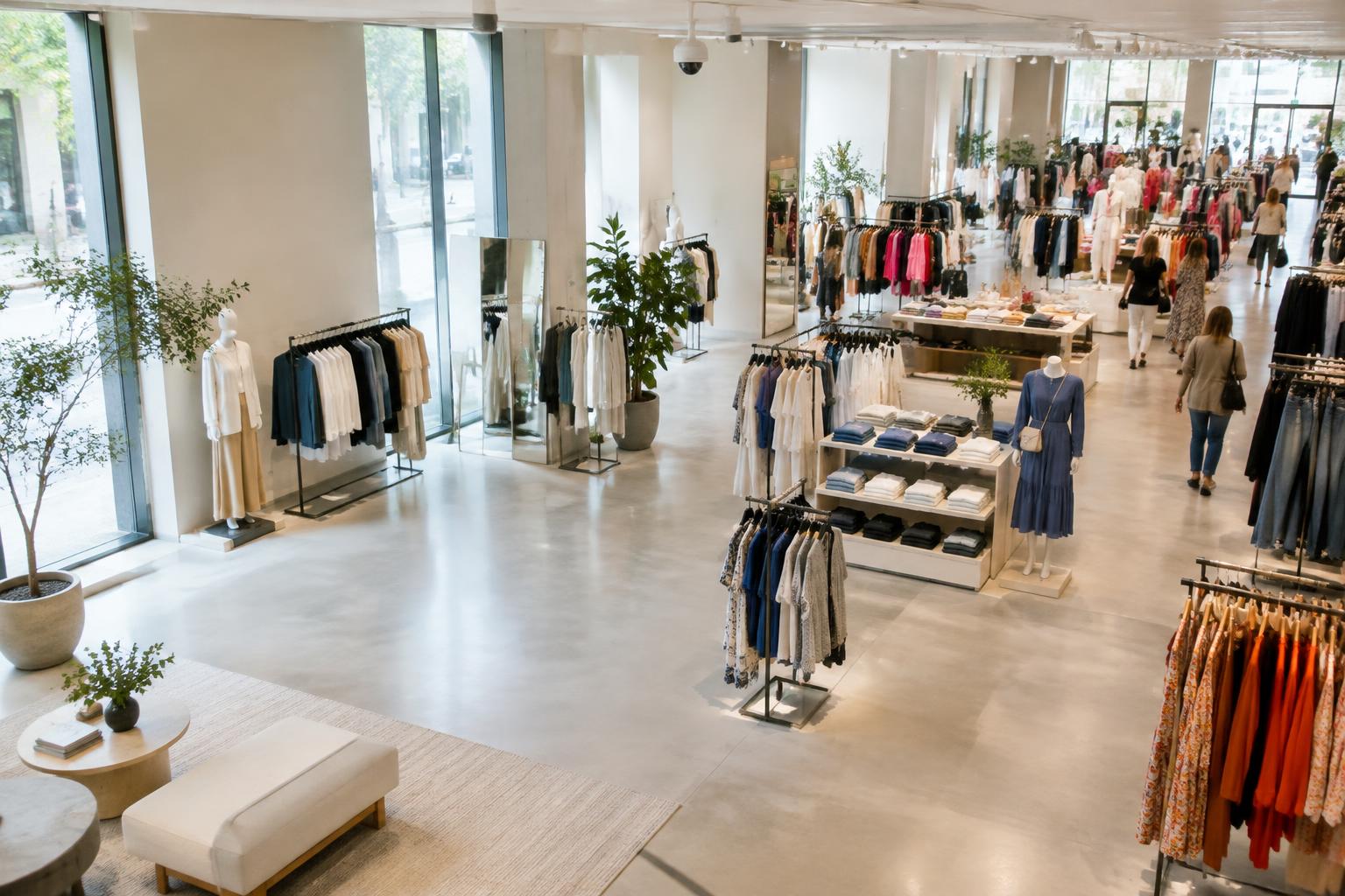 Illustrative fashion store with shoppers and organised displays