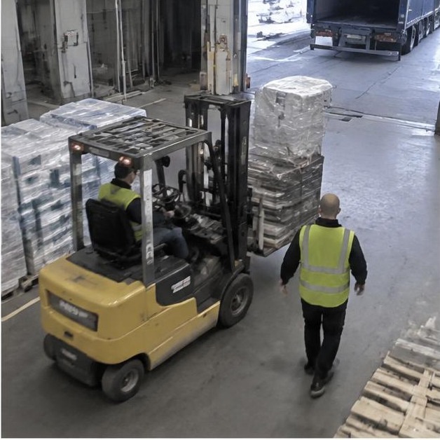 Forklift near pedestrian in warehouse — synthetic demonstration, not live