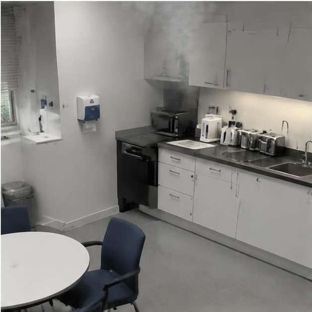 Kitchen smoke observation requiring verification — synthetic demonstration, not live